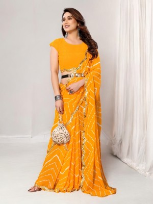 shiv textiles Striped, Printed, Embellished Bollywood Georgette Saree(Yellow)