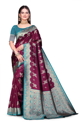 GHODTEXTILE Woven, Self Design, Floral Print, Temple Border Banarasi Pure Silk Saree(Maroon)