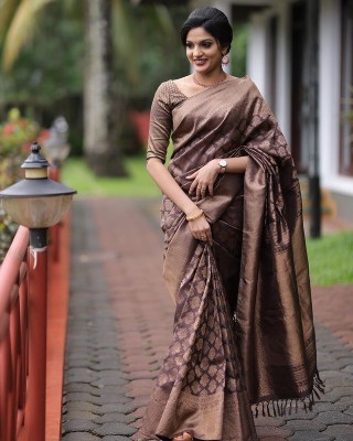 AIREVO Printed Paithani Pure Silk Saree(Brown)