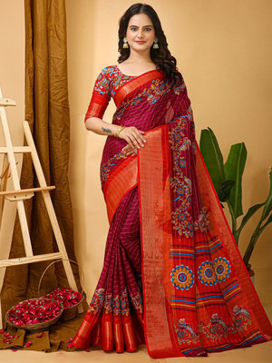 Anouk Rustic Printed Hand Batik Cotton Blend Saree(Maroon)