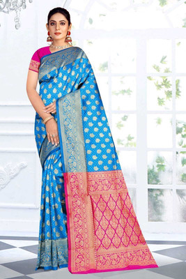 Radharani fusion Woven, Self Design Paithani Cotton Silk Saree(Red, Blue)