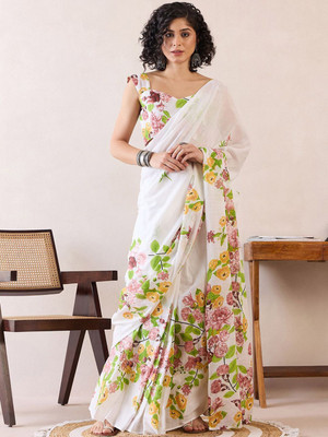 Anouk Rustic Printed Pre Draped Saree Cotton Blend Saree(White)