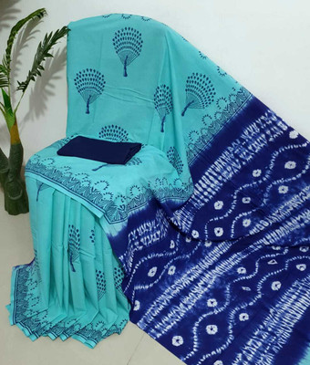 RAMNATHS Printed, Blocked Printed, Hand Painted Ikkat Pure Cotton Saree(Light Blue, Blue)