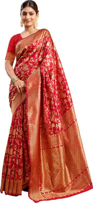 Pranjal Woven Banarasi Silk Blend Saree(Red)