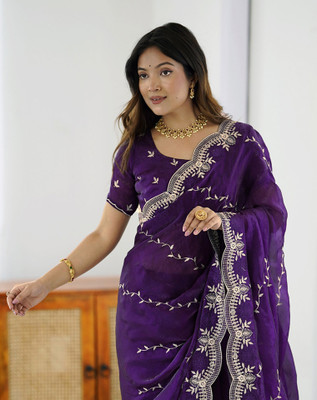 Satrani Embroidered Bollywood Tissue Saree(Purple)