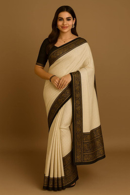 Dhyani Weaves Checkered, Woven Banarasi Cotton Silk Saree(Cream, Black)
