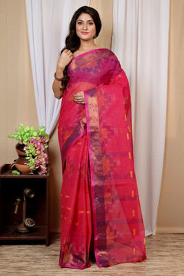 DipDiya Checkered Tant Pure Cotton Saree(Pink)