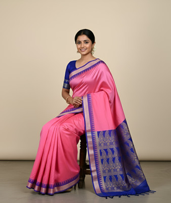 AYEZAL Temple Border Sambalpuri Cotton Silk Saree(Pink)