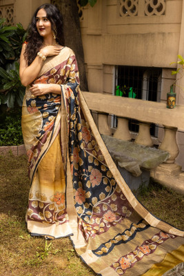 DHARMRAJ ENTERPRISE Digital Print Kalamkari Tussar Silk Saree(Brown)