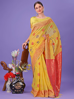 Tasrika Woven Banarasi Cotton Linen Saree(Yellow)