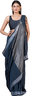 Durga Handlooms Solid/Plain Handloom Cotton Linen Saree(Green)