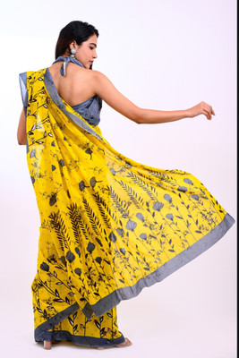 romakrishto Printed Hand Batik Pure Cotton Saree(Yellow)
