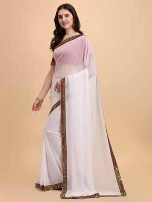 OKTAT Solid/Plain Bollywood Georgette Saree(White)