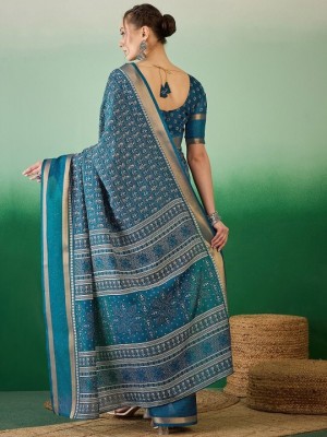 Vraggi Printed Bollywood Cotton Silk Saree(Light Blue)