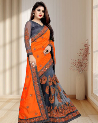 JAYAMENTERPRISE Embroidered, Self Design Banarasi Lycra, Net Saree(Orange)
