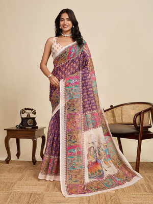 Nayanthara Trends Printed Bollywood Linen Saree(Multicolor)