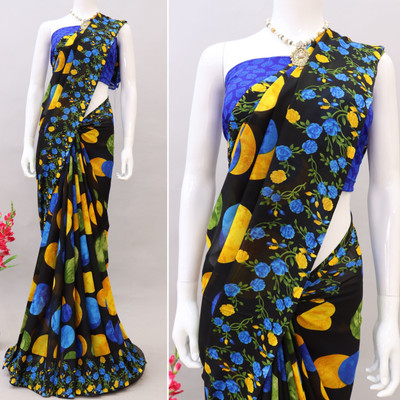 TTH Printed Bollywood Georgette Saree(Black, Blue)