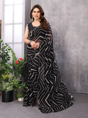 DALPATSINGH Blocked Printed, Geometric Print Garad Georgette Saree(Black)