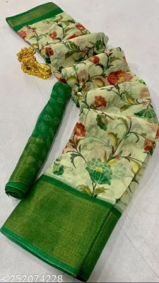 Vragi Floral Print Bollywood Cotton Blend, Brasso Saree(Green)