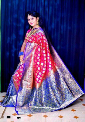 HouseOfCommon Woven Banarasi Handloom Pure Silk Saree(Pink, Blue)