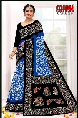 Minu Fashion Floral Print, Woven, Printed, Digital Print Bollywood Pure Cotton Saree(Black, Light Blue)