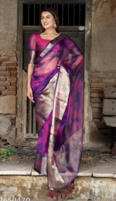 Banaras silk palace Color Block, Dyed Bollywood Organza Saree(Purple)