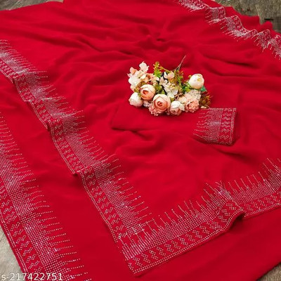 RB studio Solid/Plain Bollywood Georgette Saree(Red)