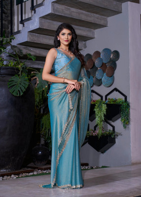 NewPoojaSaree Embroidered Bollywood Silk Blend, Pure Silk Saree(Light Blue)