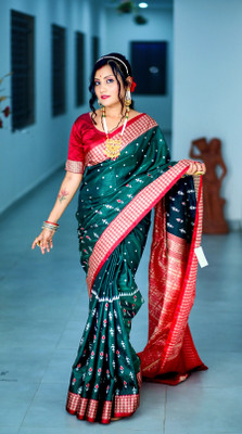 ZIMAL HANDLOOM Embroidered Sambalpuri Satin Saree(Dark Green)