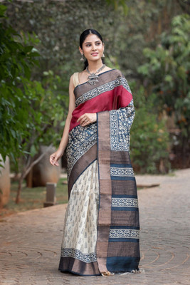 Rashmiwala Floral Print Daily Wear Tussar Silk Saree(Red, Beige, Black)