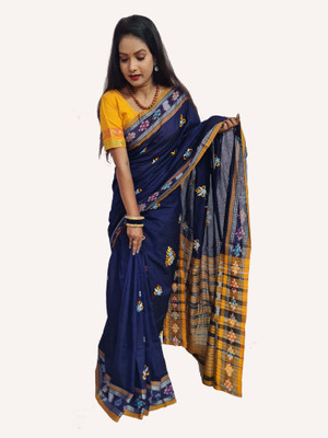 DN FASHION Embroidered Handloom Pure Cotton Saree(Dark Blue)