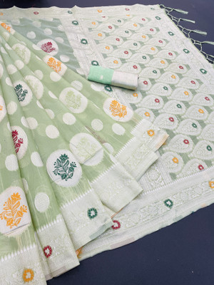 Bhavya Laxmi Textiles Woven Banarasi Cotton Linen Saree(Light Green)