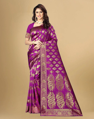 Divastri Woven, Embellished Banarasi Silk Blend, Jacquard Saree(Magenta)