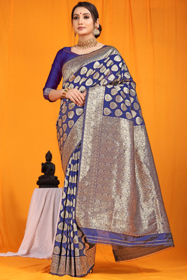 MOGHIBA CLOTHING Woven Banarasi Silk Blend Saree(Dark Blue)
