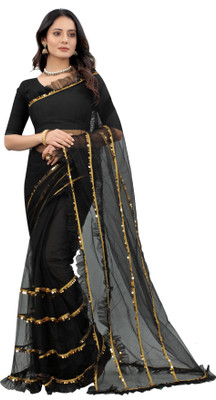 Yashvi Designer Embellished Bollywood Net Saree(Black)