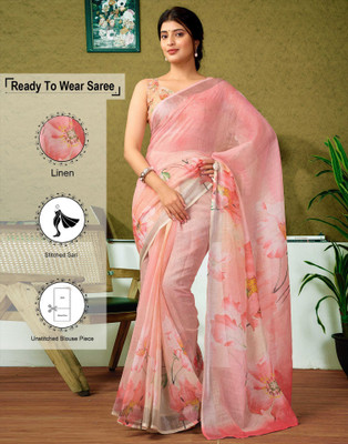 Samah Printed Bollywood Linen Saree(Multicolor, Pink)