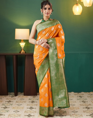 Divastri Woven, Embellished Banarasi Silk Blend Saree(Yellow, Green)