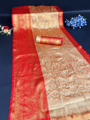 SIYADECOR Woven Dharmavaram Pure Silk, Cotton Silk Saree(Yellow, Red)