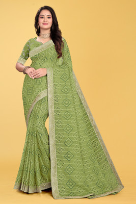 MAN PRIYA TRENDZ Embroidered Bandhani Art Silk Saree(Green)