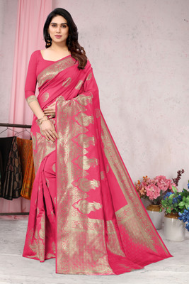 MIRCHI FASHION Woven, Embellished Banarasi Silk Blend Saree(Gold, Pink)