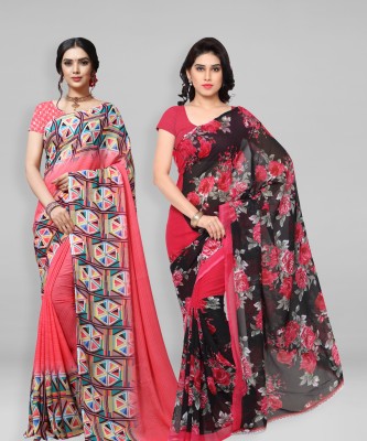 kashvi sarees Printed Daily Wear Georgette Saree(Pack of 2, Red, Pink, Black)