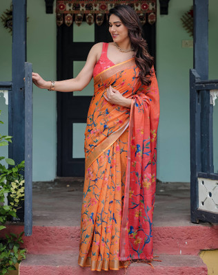 SIRIL Floral Print Bollywood Linen Saree(Yellow)
