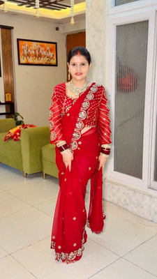 KRISHNACOLLECTION9 Embellished, Embroidered, Floral Print, Self Design Bollywood Georgette Saree(Red)