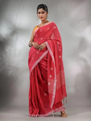 HouseOfCommon Self Design Handloom Cotton Linen Saree(Red)