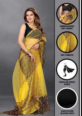 Barkiya Creation Embroidered Bollywood Net Saree(Yellow)