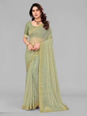 OM FAB Self Design Banarasi Lycra Blend Saree(Light Green)