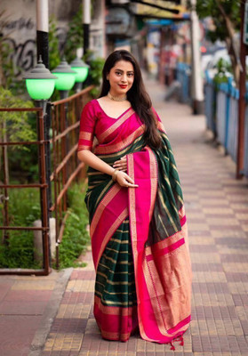 Bansari Textiles Self Design, Applique, Woven, Printed Bollywood Linen, Cotton Jute Saree(Green)