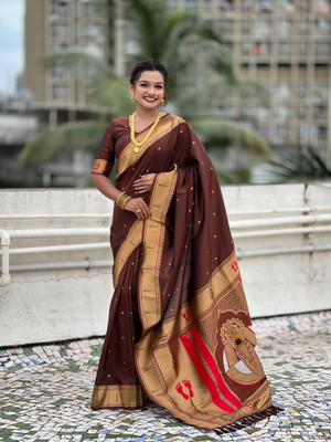 ROOP LAVANYA Woven Paithani Jacquard, Pure Silk Saree(Brown, Multicolor)