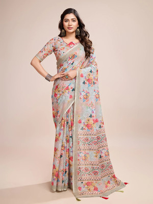SHRIMAY Digital Print, Floral Print Bollywood Cotton Linen Saree(Multicolor)
