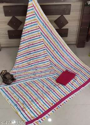 AARTI FASHION Printed, Blocked Printed, Floral Print Ikkat Pure Cotton Saree(Multicolor)